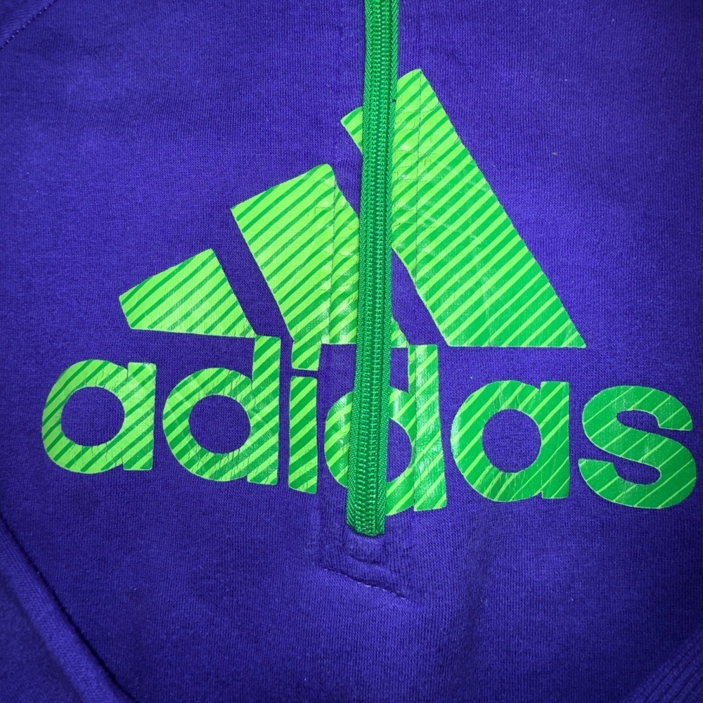 Adidas Quarter Zip Kids L(14) Purple Lime Green Logo Fleece Sweatshirt